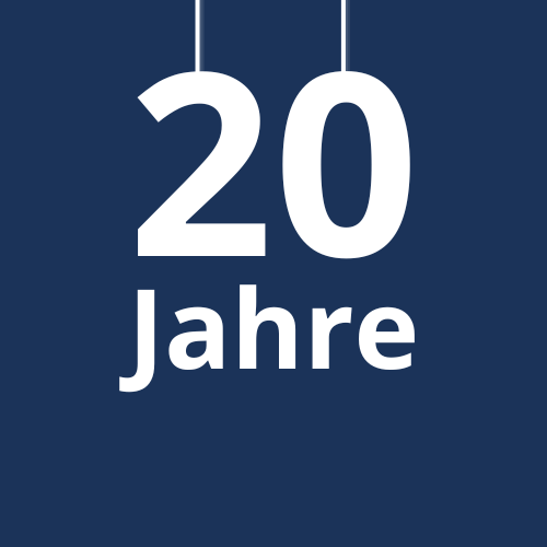 Die Zahl 20 hängt von oben herab. Logo für 20 Jahre Mitgliedschaft beim Deutschen Übungsfirmenring.
