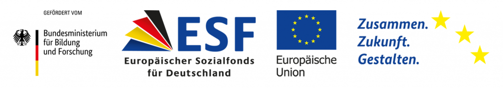 Logos und Texte zur Förderung durch den Europäischen Sozialfonds (ESF) und die Europäische Union. Links das Logo des Bundesministeriums für Bildung und Forschung mit Bundesadler und den Farben Schwarz-Rot-Gold sowie dem Text ‚GEFÖRDERT VOM‘. In der Mitte die Logos des ESF und der EU mit ihren Symbolen. Rechts der Schriftzug ‚Zusammen. Zukunft. Gestalten.‘ und drei gelbe Sterne in vertikaler Anordnung.